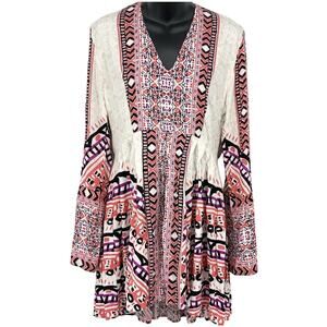 Free People Tegan Mini Dress Womens Size 6 Long Sleeve White Pink Open Back